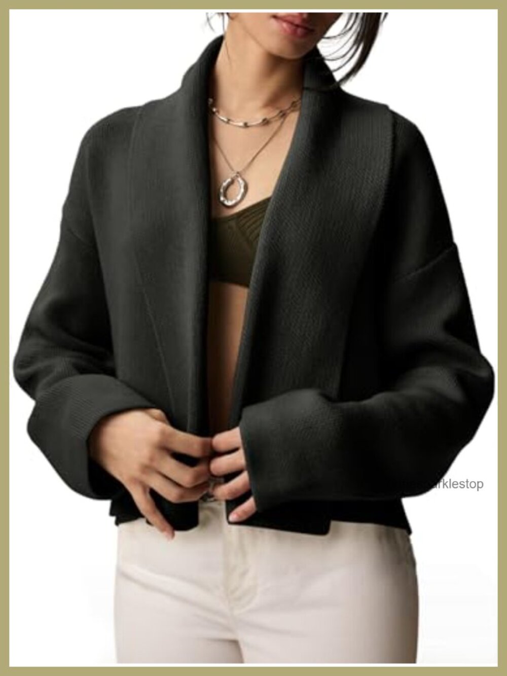 Cropped Cardigan Sweater Open Front Long Sleeve Shawl Collar